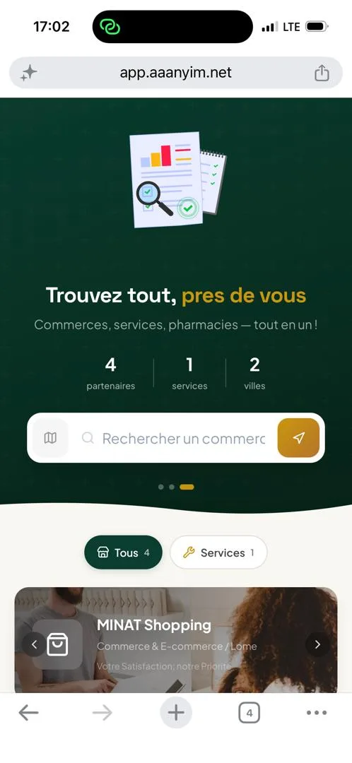 Marketplace AAANYIM sur mobile : trouvez les commerces pres de vous a Douala et Lome
